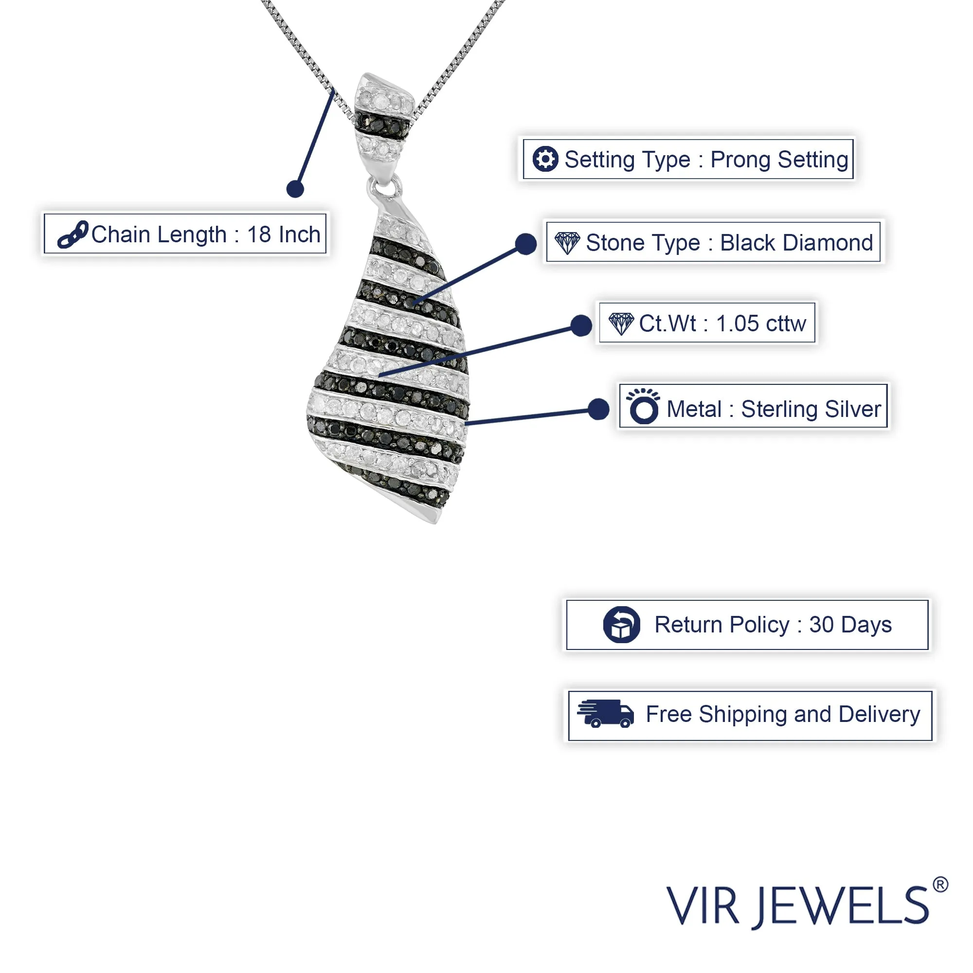 1.05 cttw Black and White Diamond Pendant .925 Sterling Silver with Rhodium