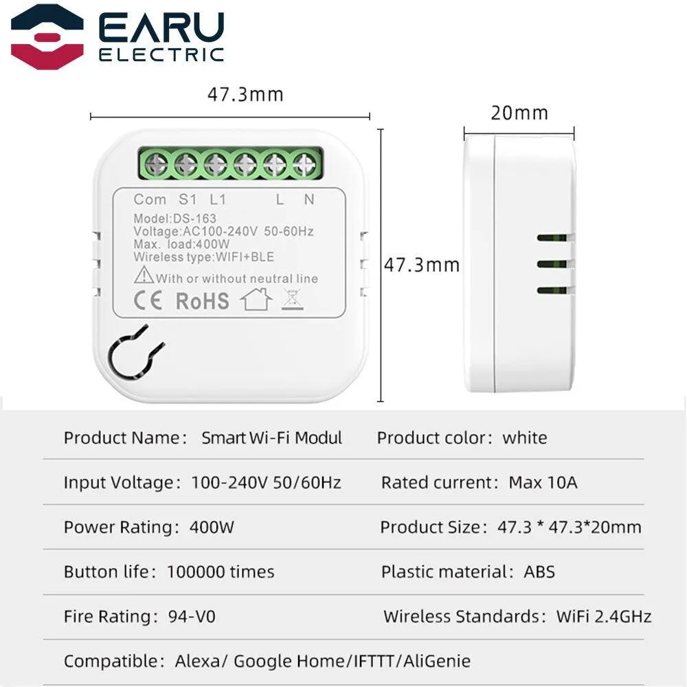10A WiFi Smart LED Light Switch Relay Breaker Smart Life Tuya Remote Control