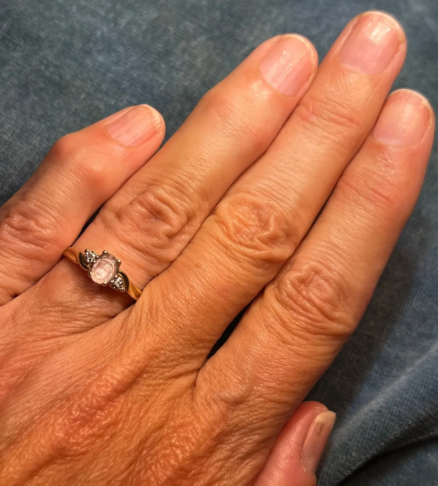 10k Gold Carved Moonstone Goddess Angel Ring w Diamonds. Tiny **Video**