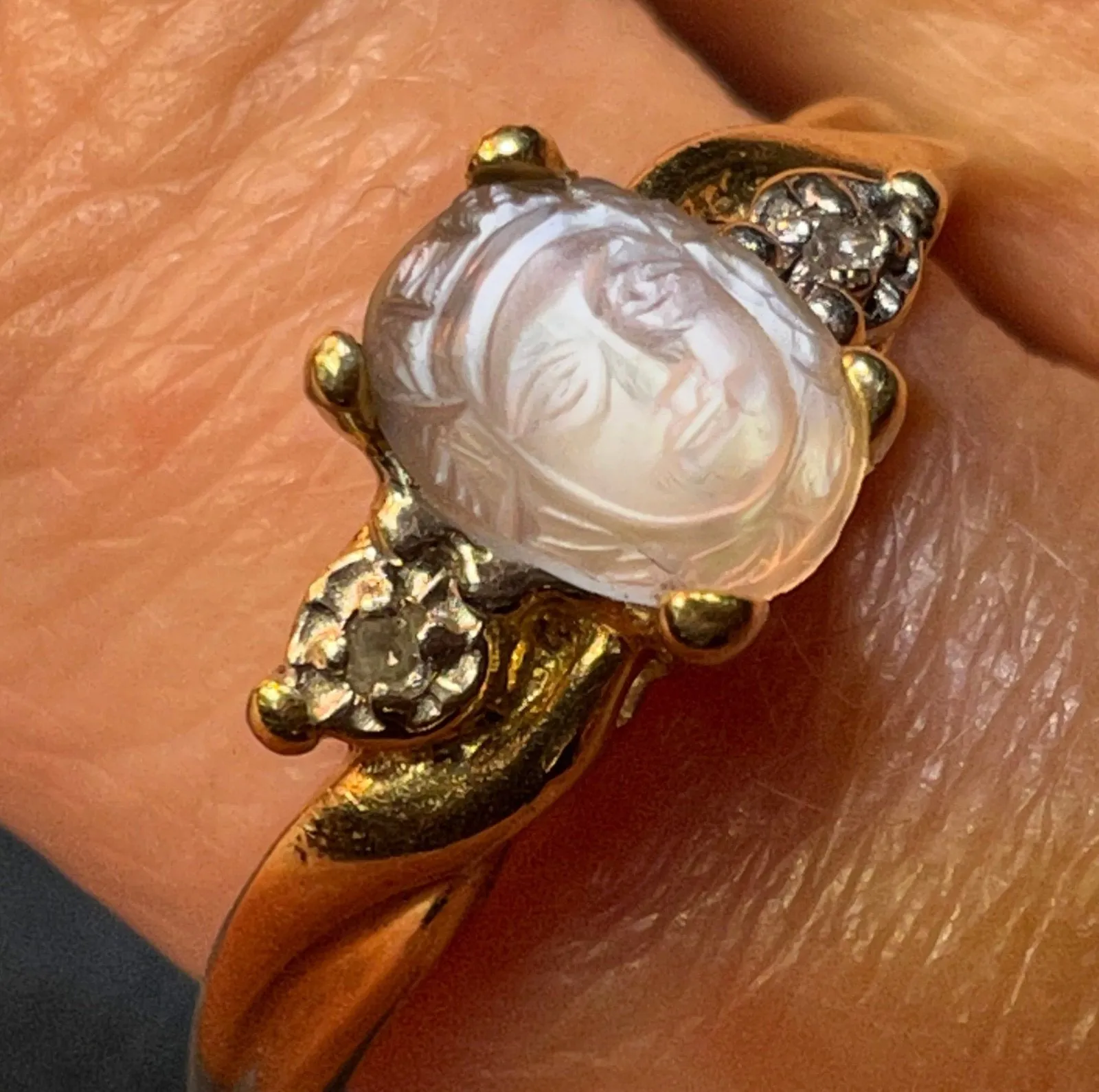 10k Gold Carved Moonstone Goddess Angel Ring w Diamonds. Tiny **Video**
