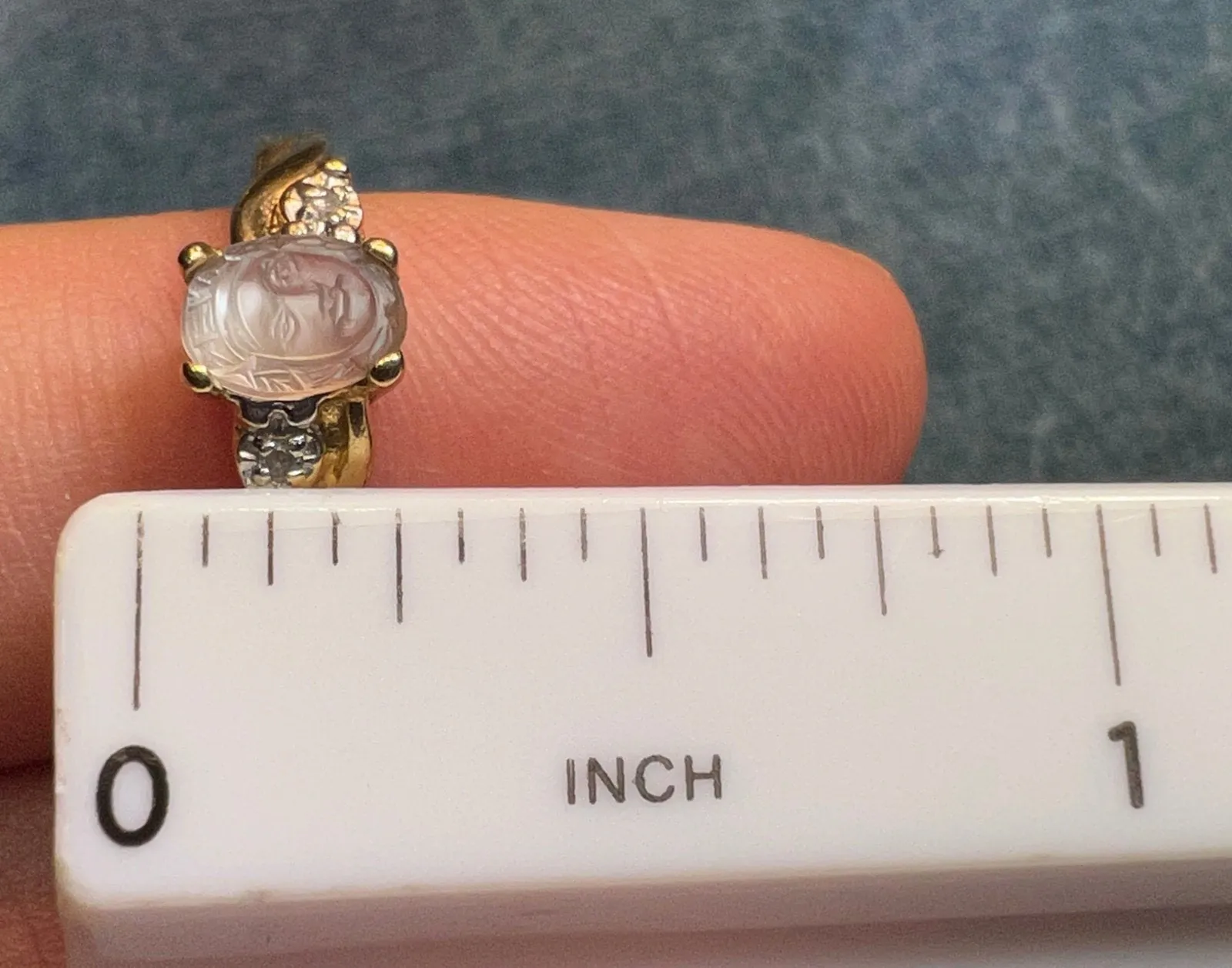 10k Gold Carved Moonstone Goddess Angel Ring w Diamonds. Tiny **Video**