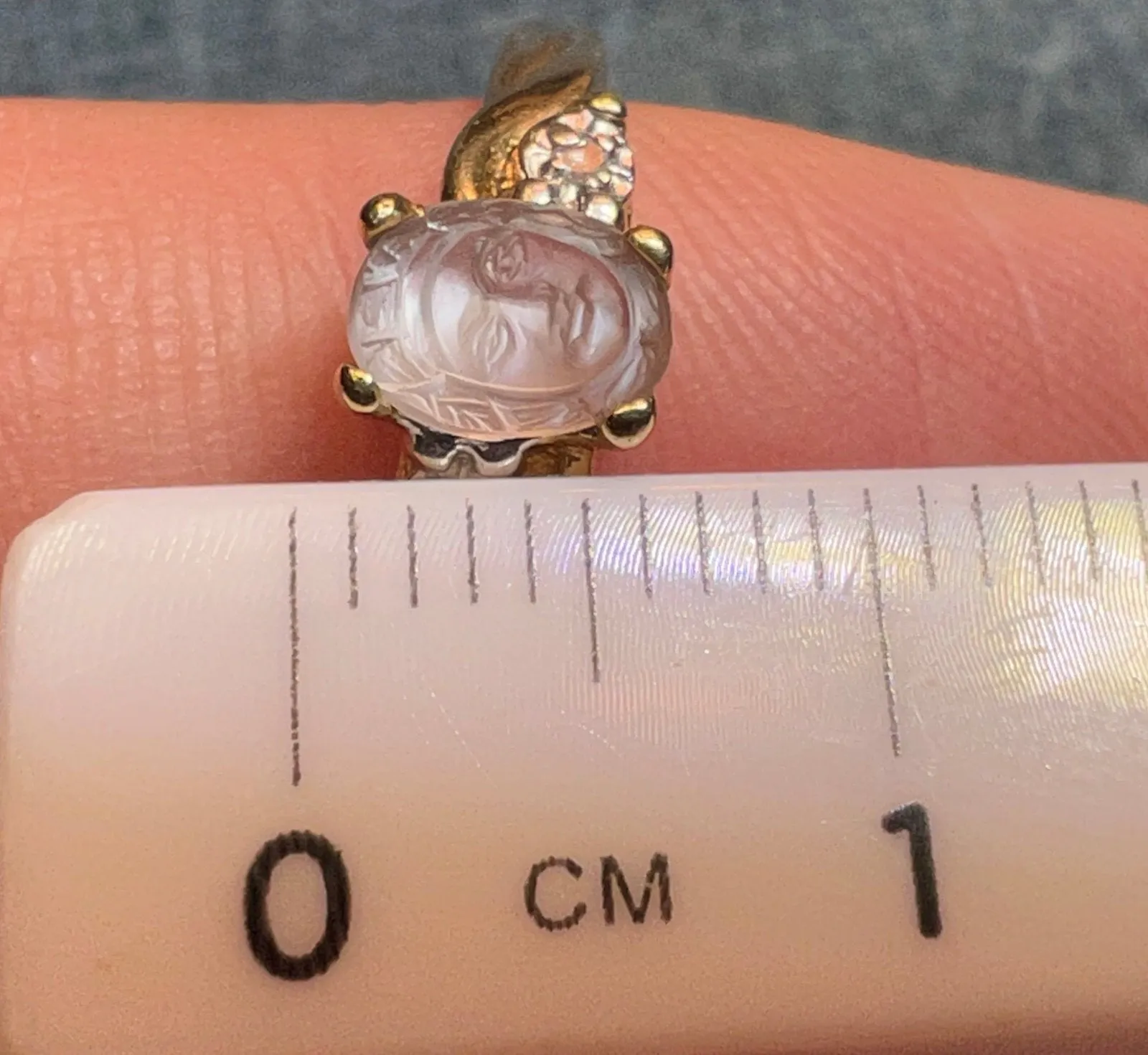 10k Gold Carved Moonstone Goddess Angel Ring w Diamonds. Tiny **Video**