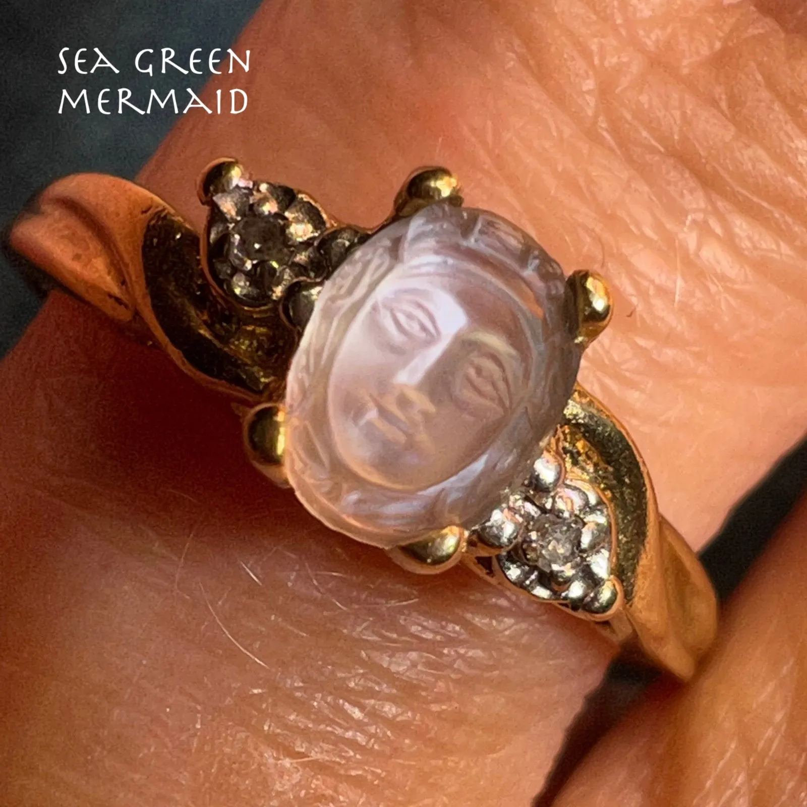 10k Gold Carved Moonstone Goddess Angel Ring w Diamonds. Tiny **Video**