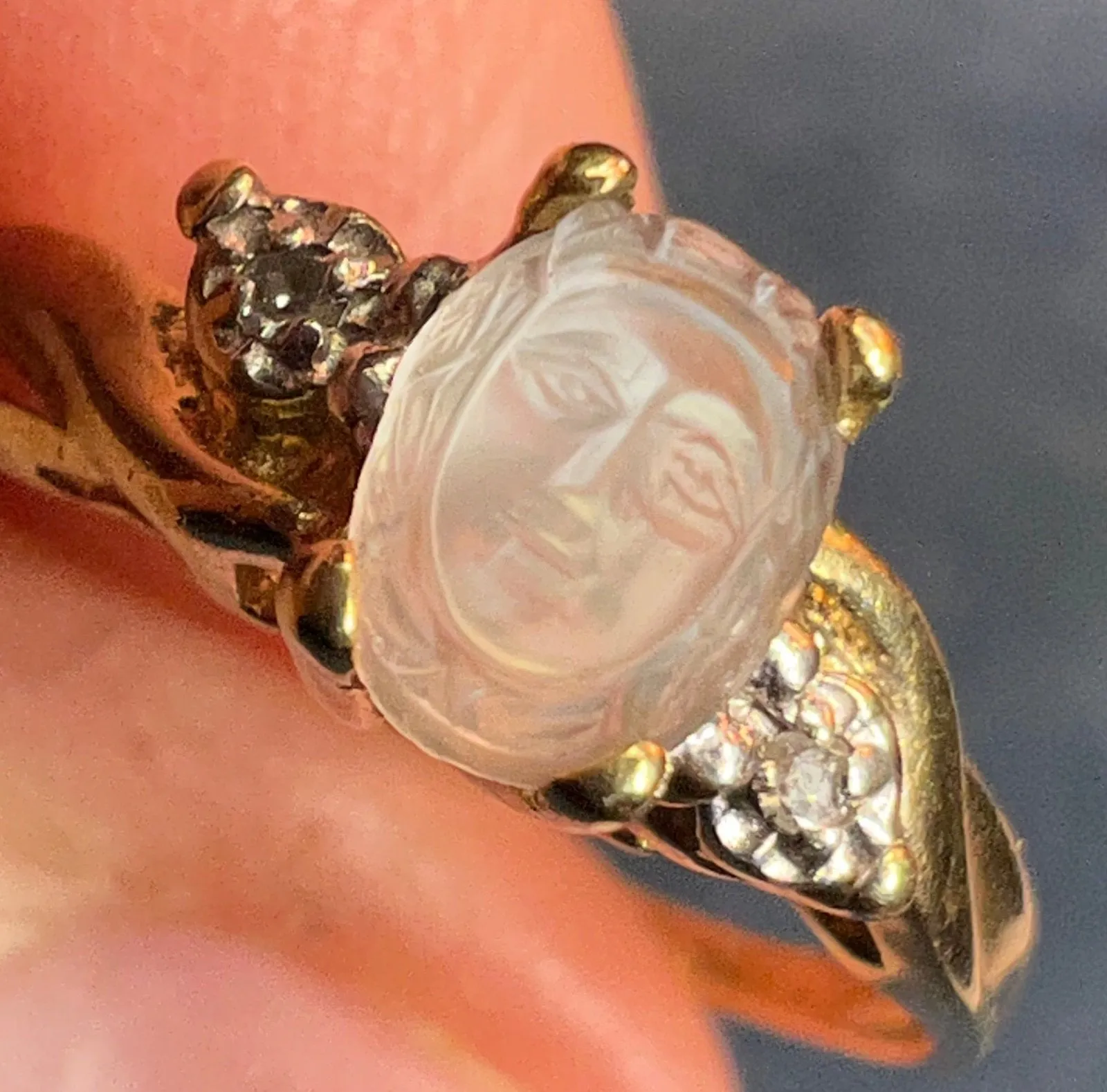 10k Gold Carved Moonstone Goddess Angel Ring w Diamonds. Tiny **Video**