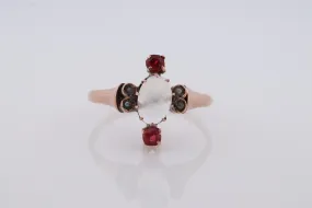 10k Victorian MOONSTONE cabochon TRIO Garnet and pearl seed Claw set ring. Antique sphere Moonstone garnet pearl Trilogy ring. st(135)