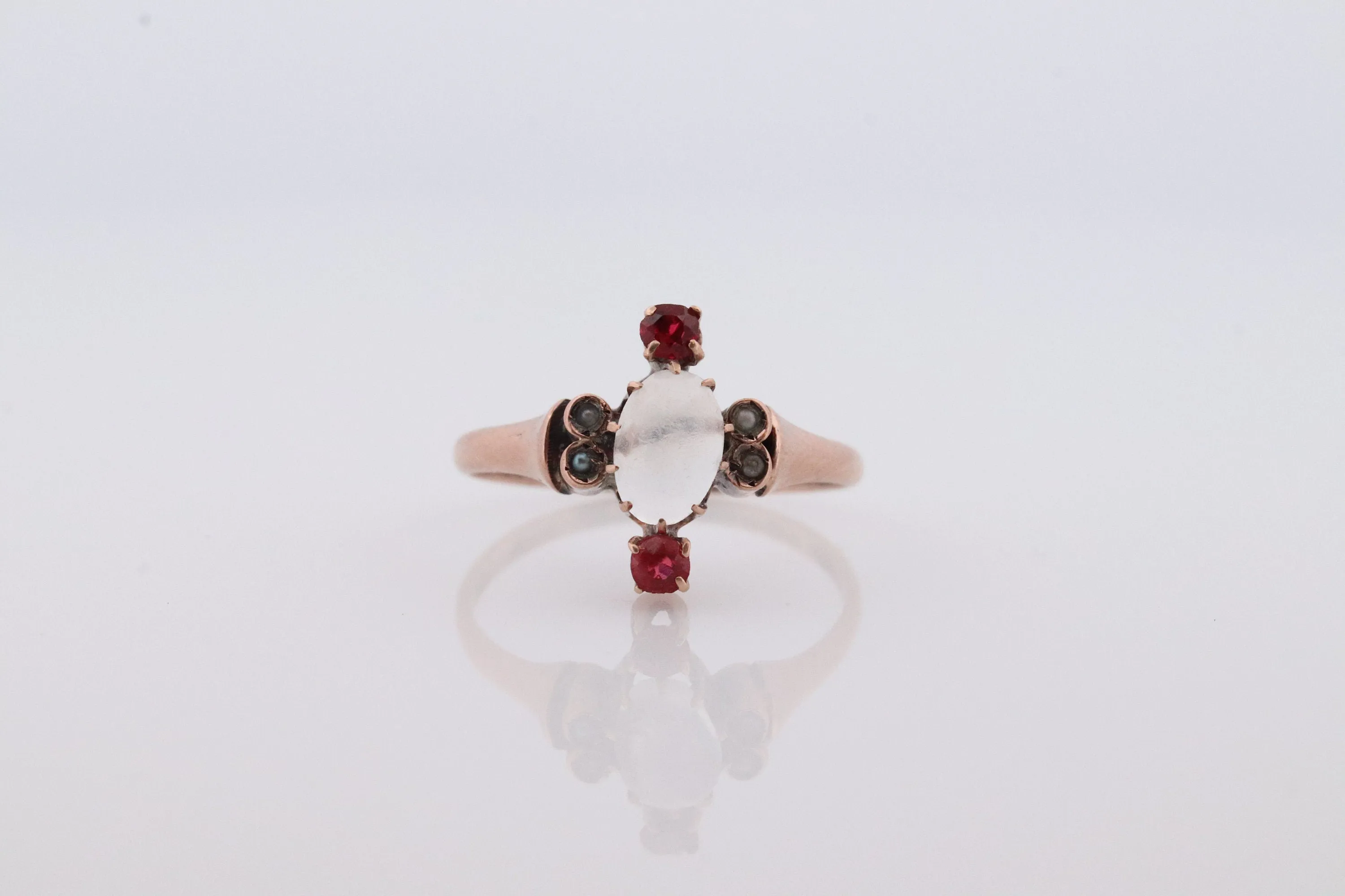 10k Victorian MOONSTONE cabochon TRIO Garnet and pearl seed Claw set ring. Antique sphere Moonstone garnet pearl Trilogy ring. st(135)