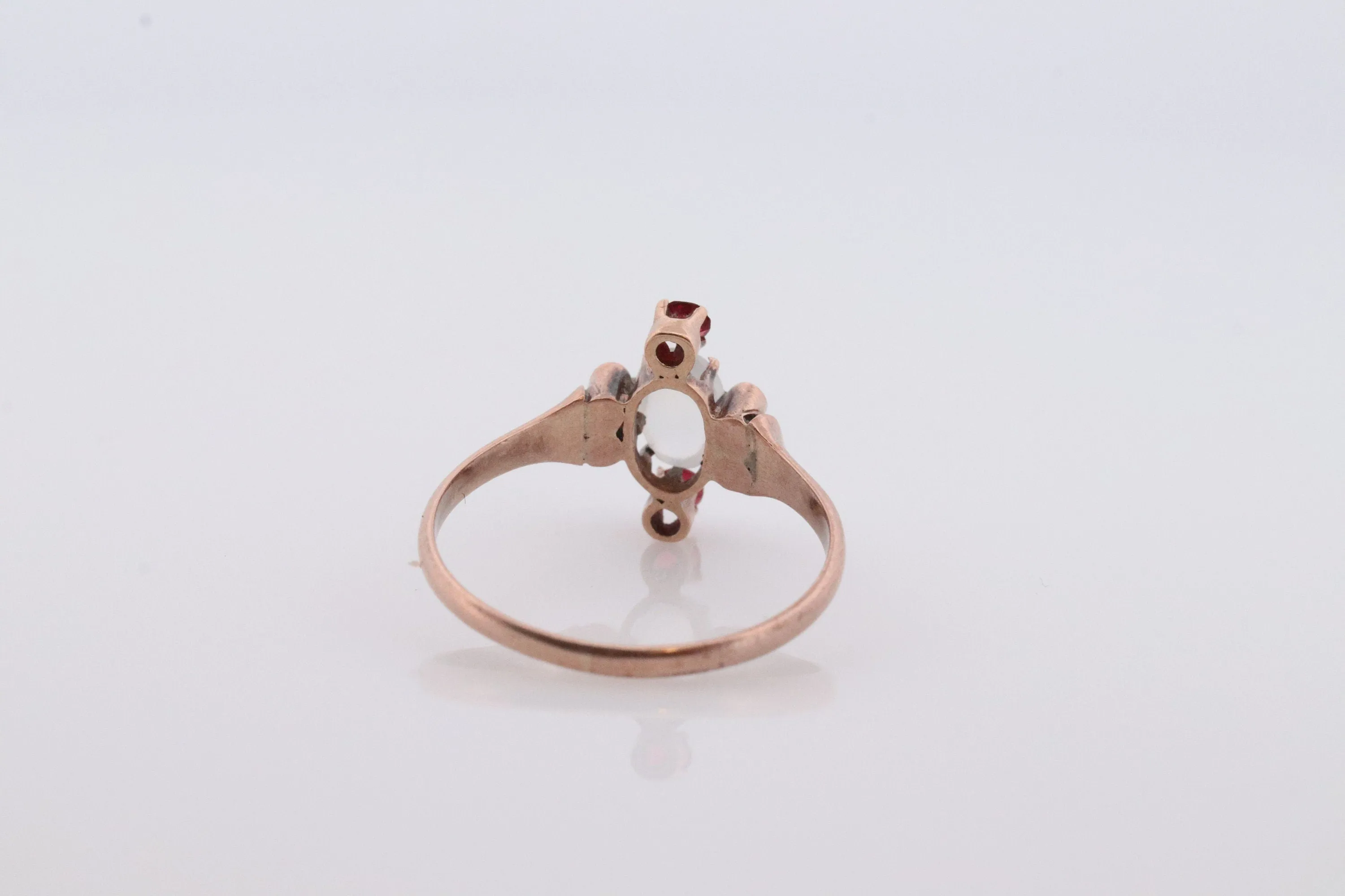 10k Victorian MOONSTONE cabochon TRIO Garnet and pearl seed Claw set ring. Antique sphere Moonstone garnet pearl Trilogy ring. st(135)