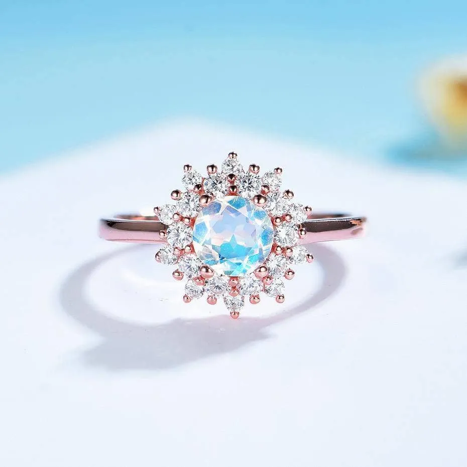 14k Gold 1.2 Ct Natural Moonstone Round Cut Halo Engagement Ring
