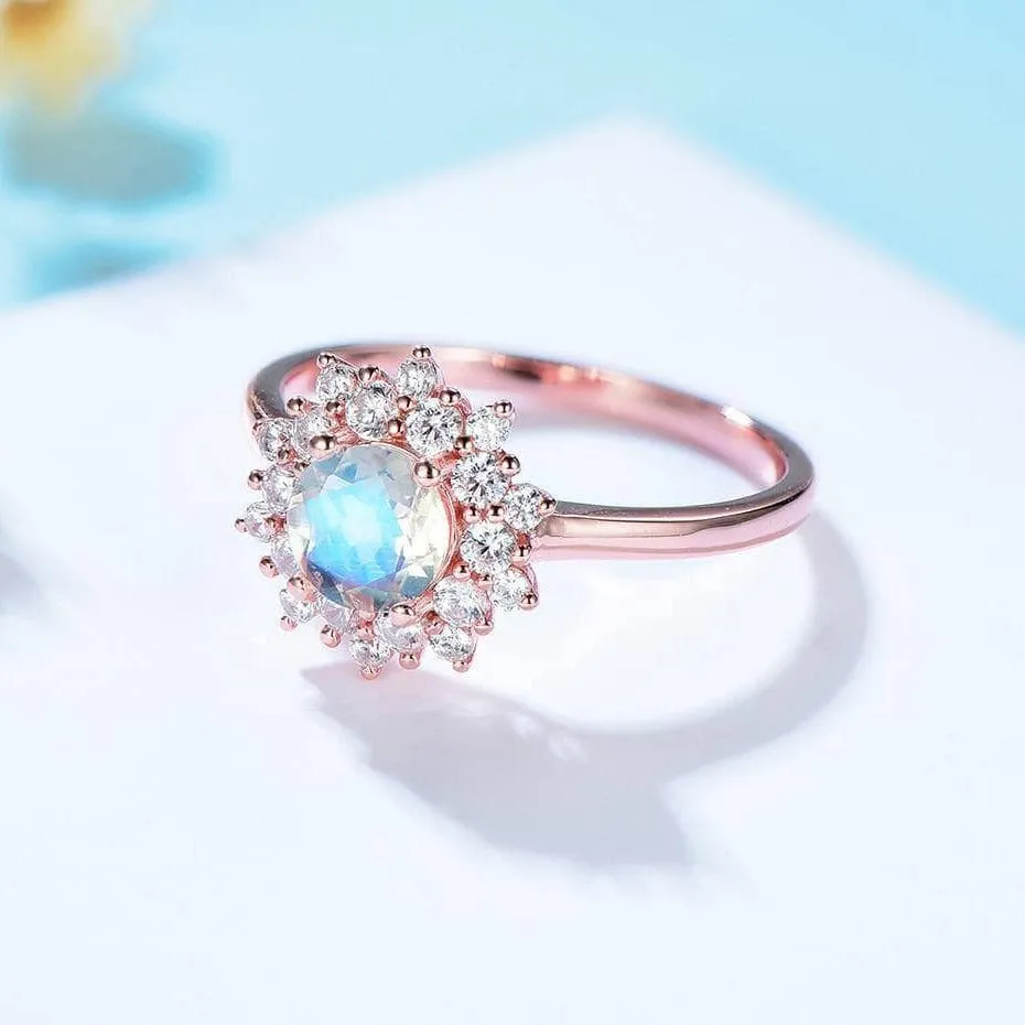 14k Gold 1.2 Ct Natural Moonstone Round Cut Halo Engagement Ring