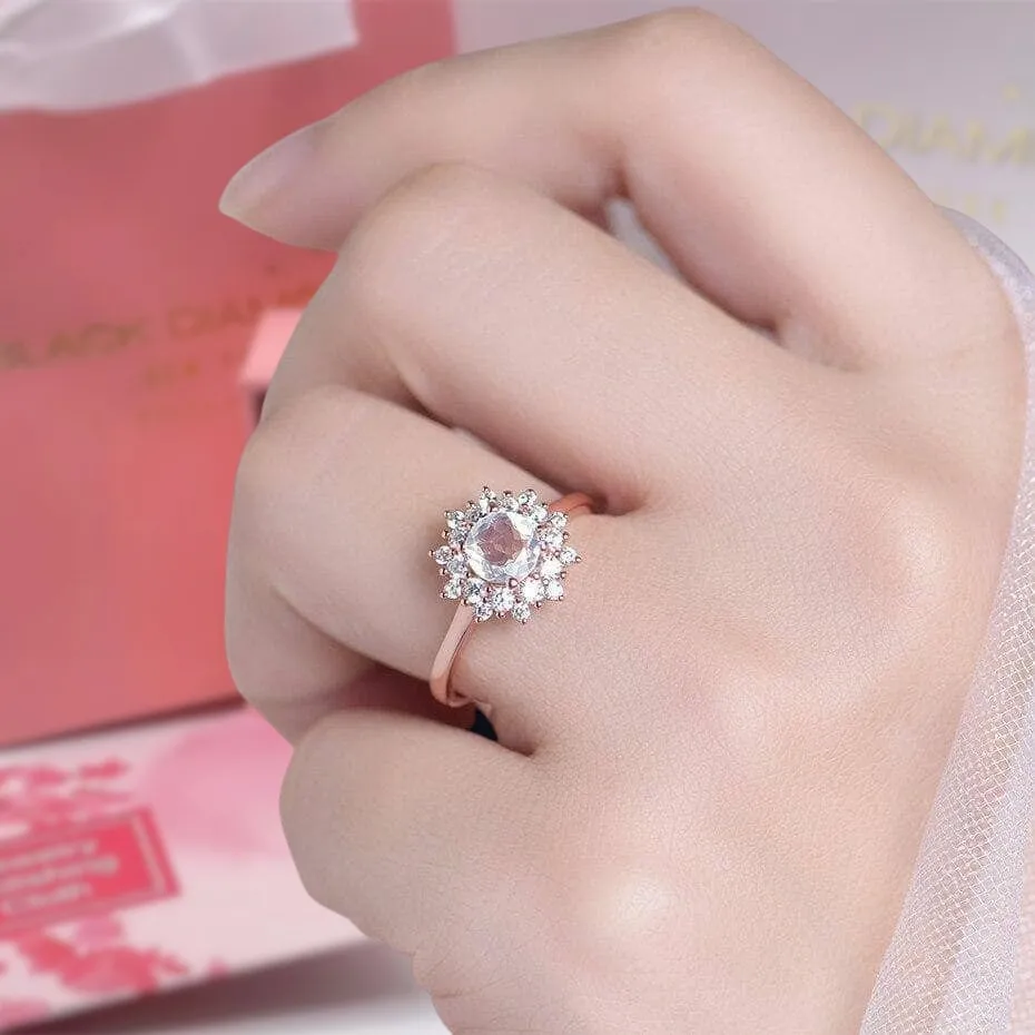 14k Gold 1.2 Ct Natural Moonstone Round Cut Halo Engagement Ring