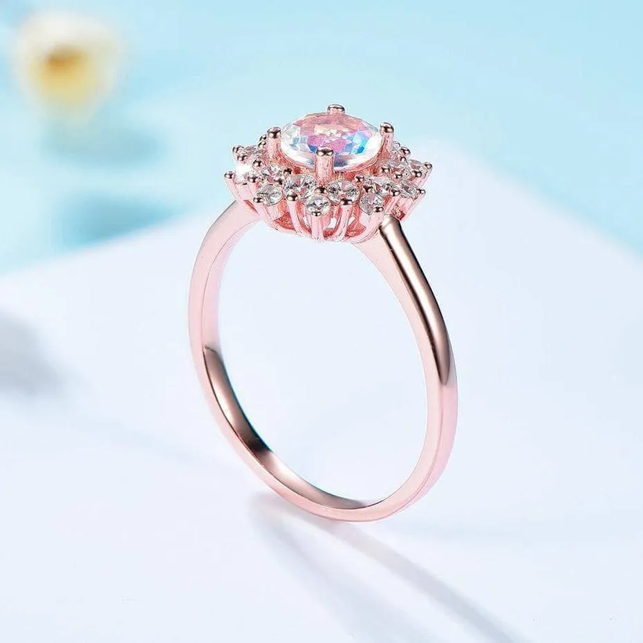 14k Gold 1.2 Ct Natural Moonstone Round Cut Halo Engagement Ring