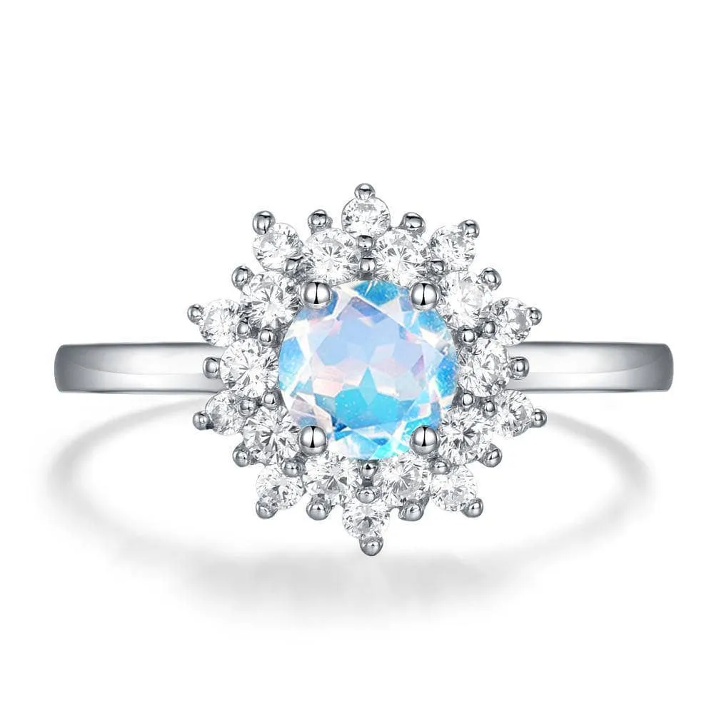 14k Gold 1.2 Ct Natural Moonstone Round Cut Halo Engagement Ring