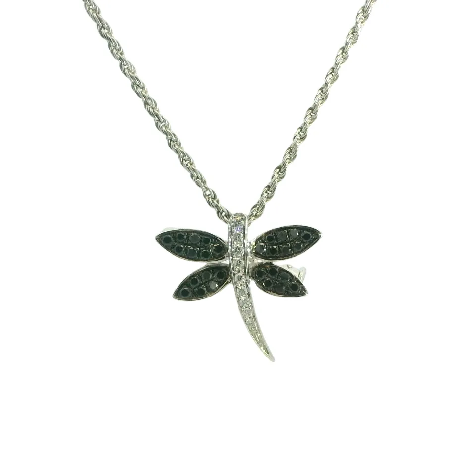 14K White Natural Diamond Dragonfly Pendant