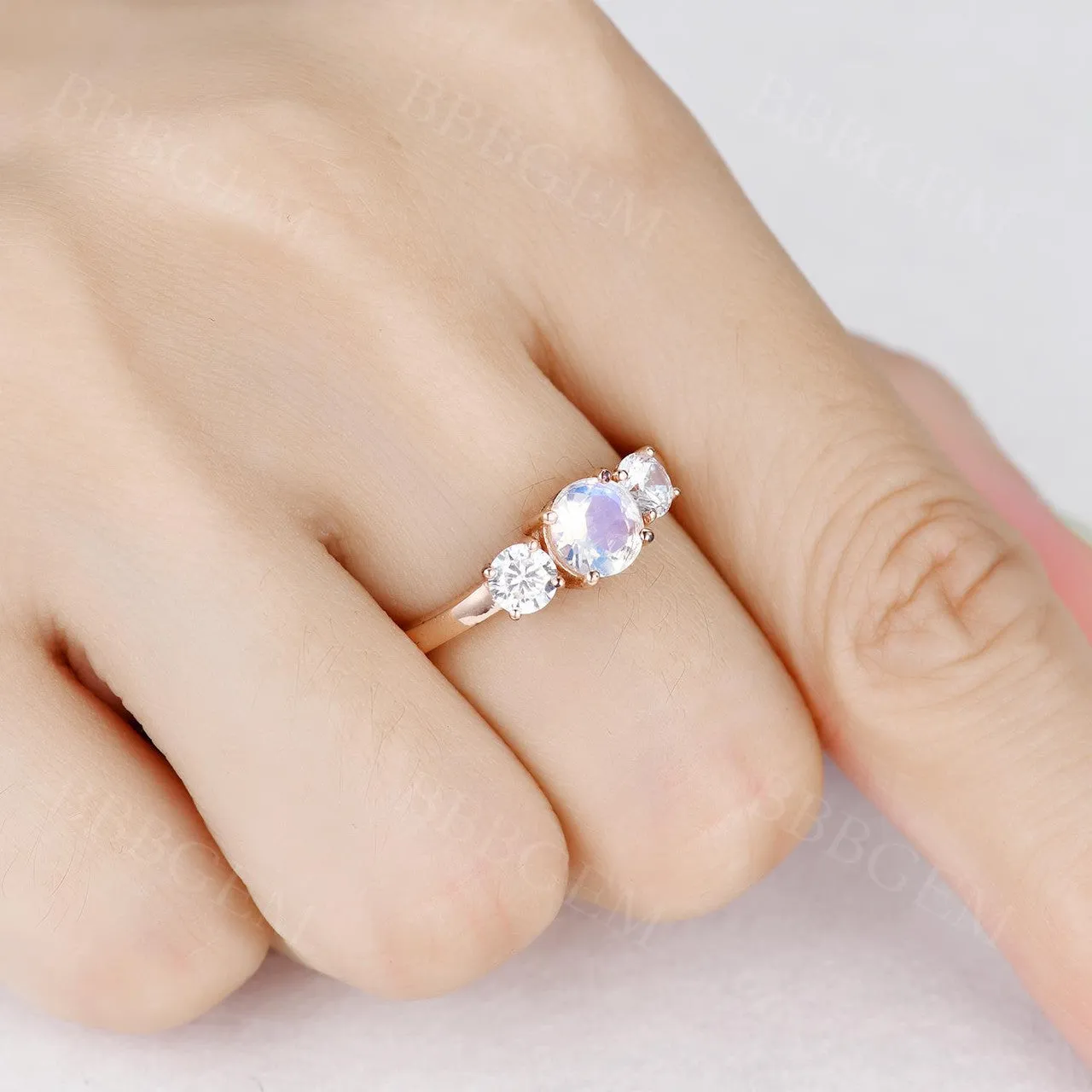 14K/18K Gold Moonstone And Moissanite Engagement Ring Three Stone