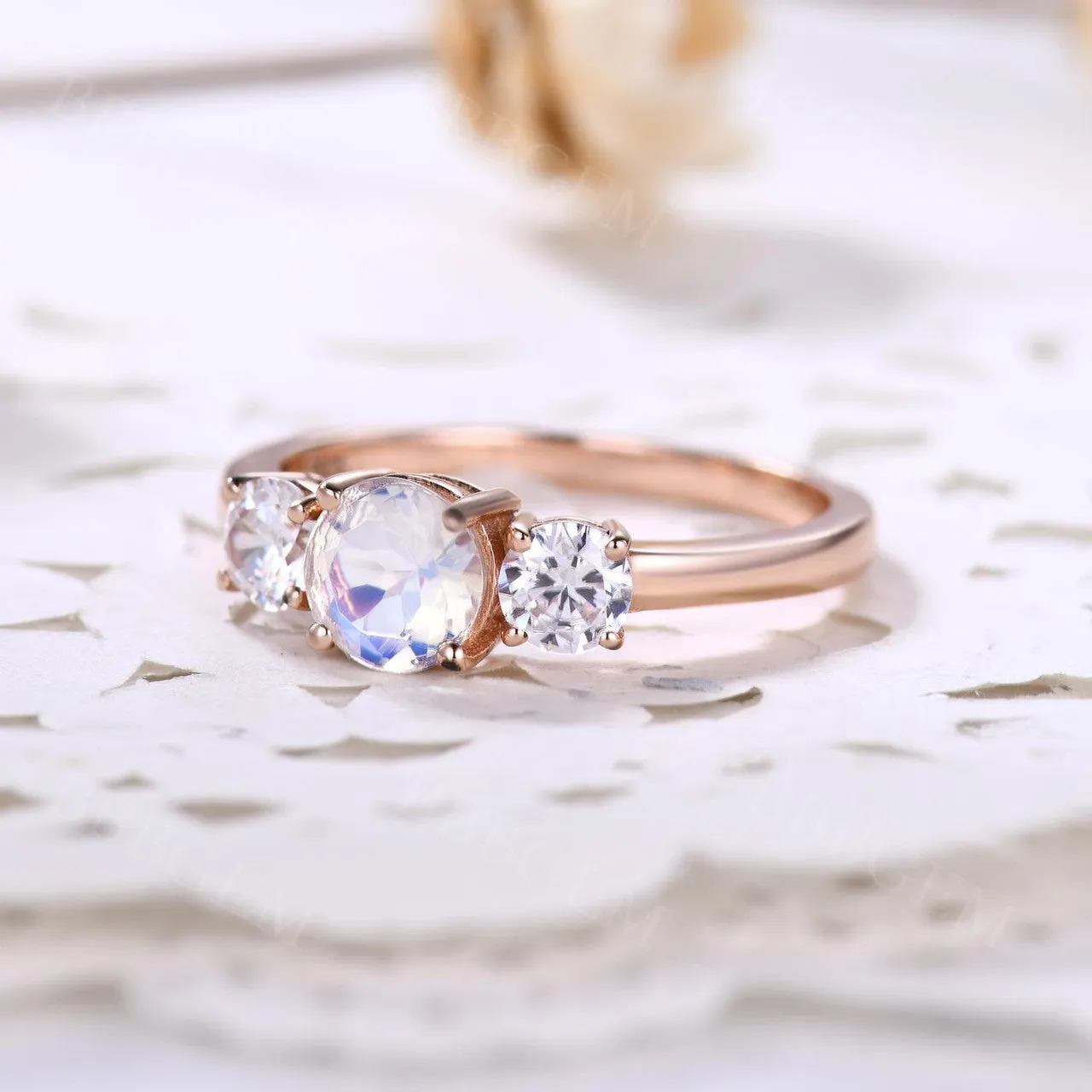 14K/18K Gold Moonstone And Moissanite Engagement Ring Three Stone