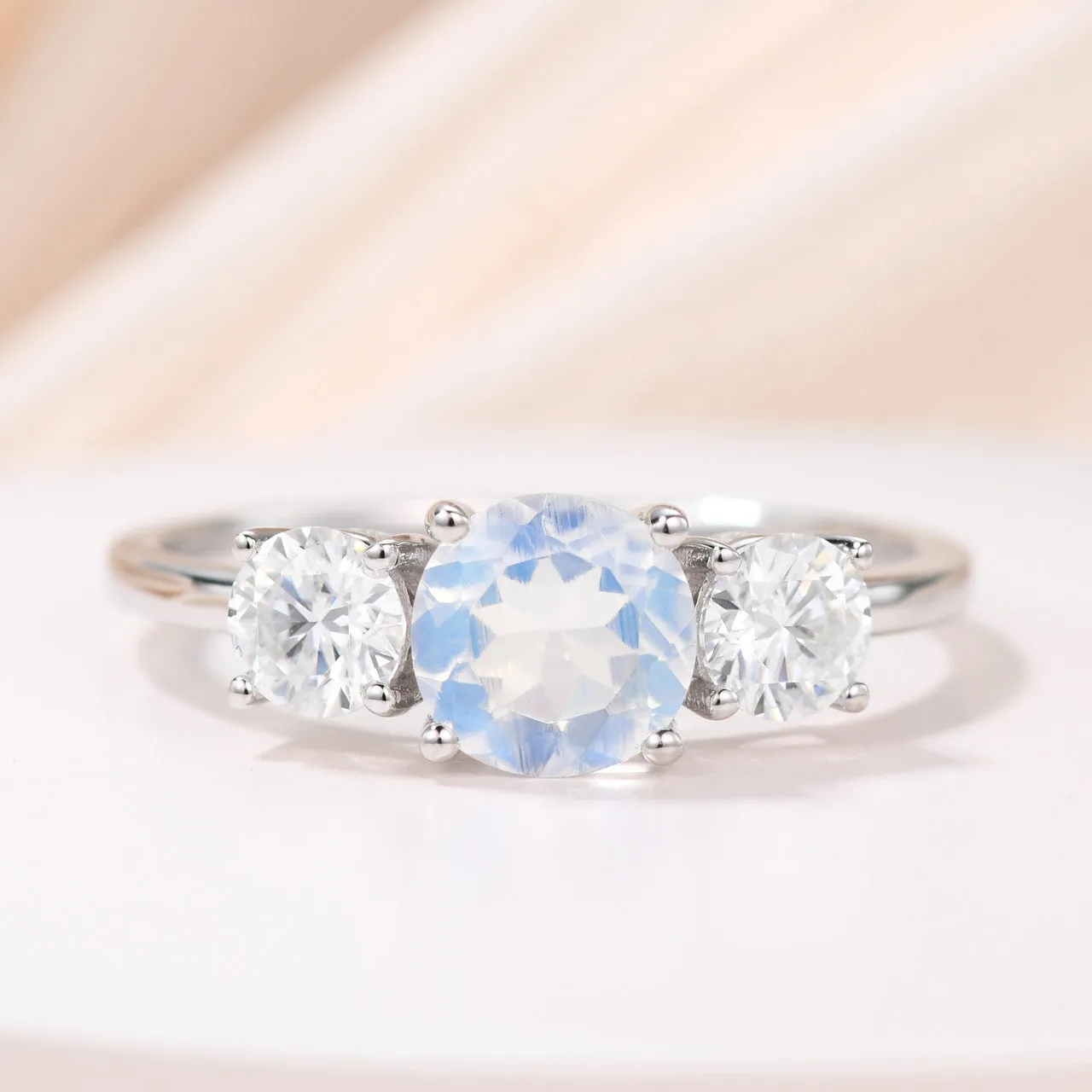 14K/18K Gold Moonstone And Moissanite Engagement Ring Three Stone