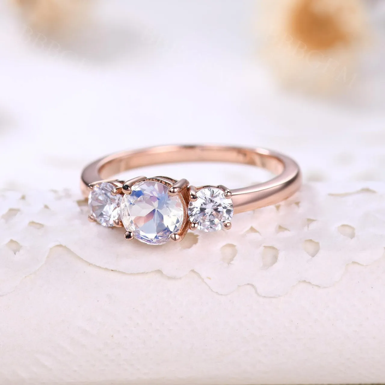 14K/18K Gold Moonstone And Moissanite Engagement Ring Three Stone