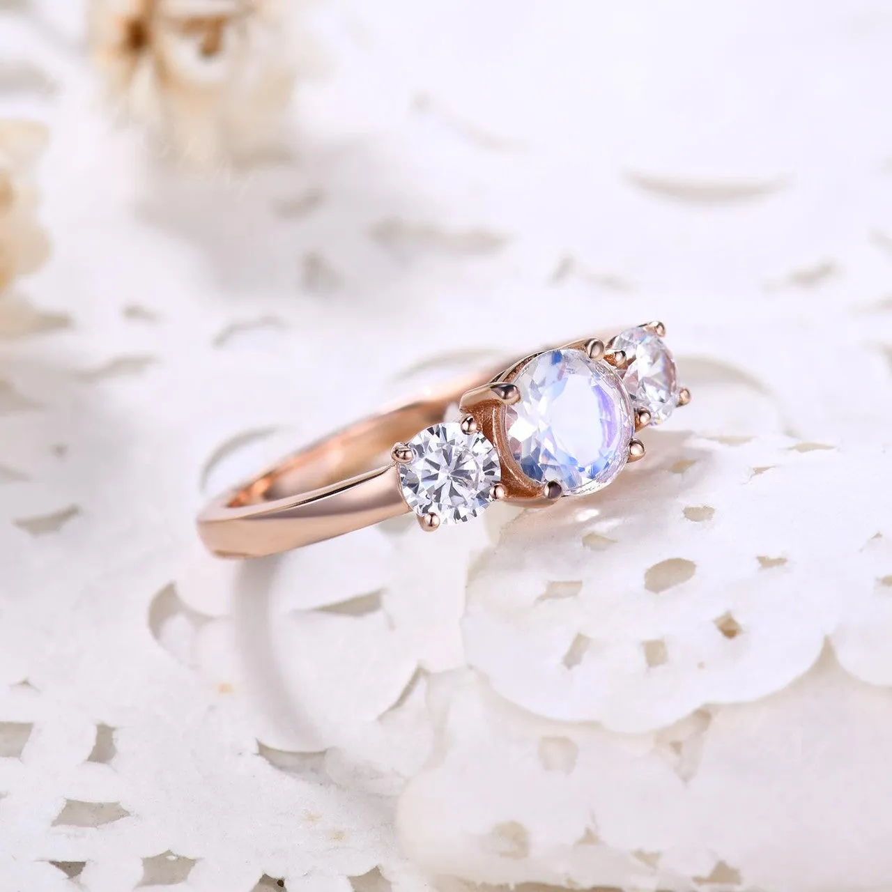 14K/18K Gold Moonstone And Moissanite Engagement Ring Three Stone