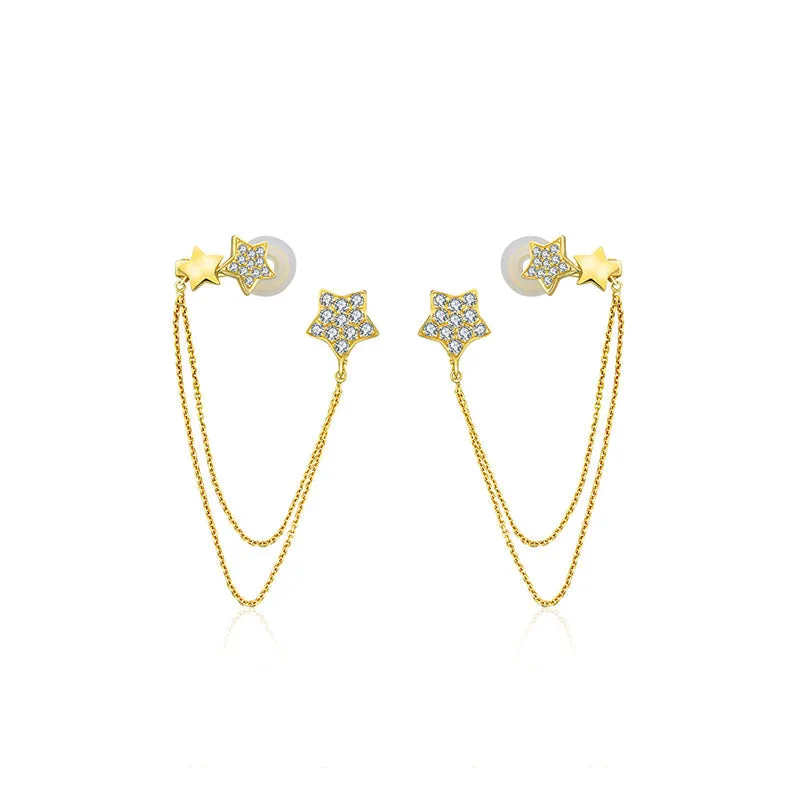 18k Gold Star Shape with Chain Diamond Ear Cuff & Earring
