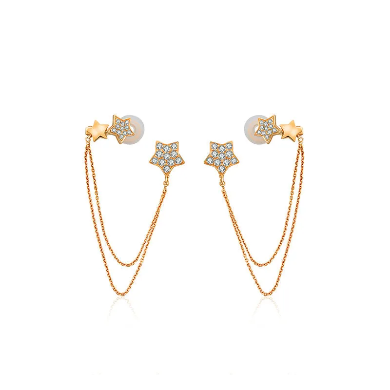 18k Gold Star Shape with Chain Diamond Ear Cuff & Earring