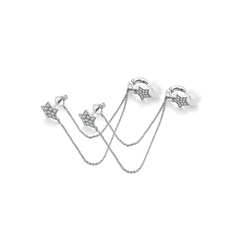 18k Gold Star Shape with Chain Diamond Ear Cuff & Earring
