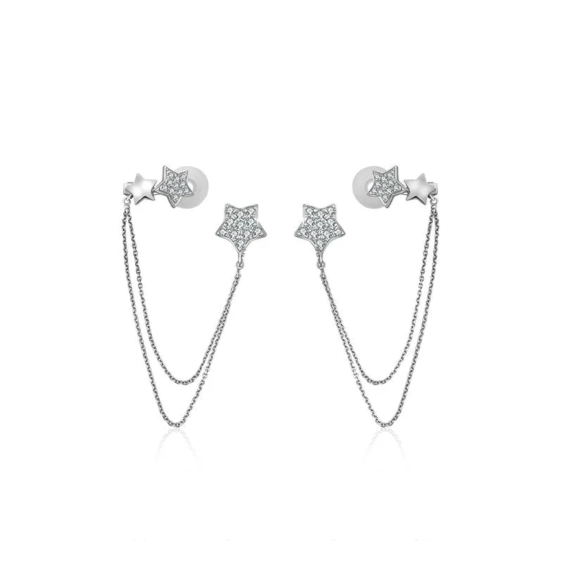 18k Gold Star Shape with Chain Diamond Ear Cuff & Earring