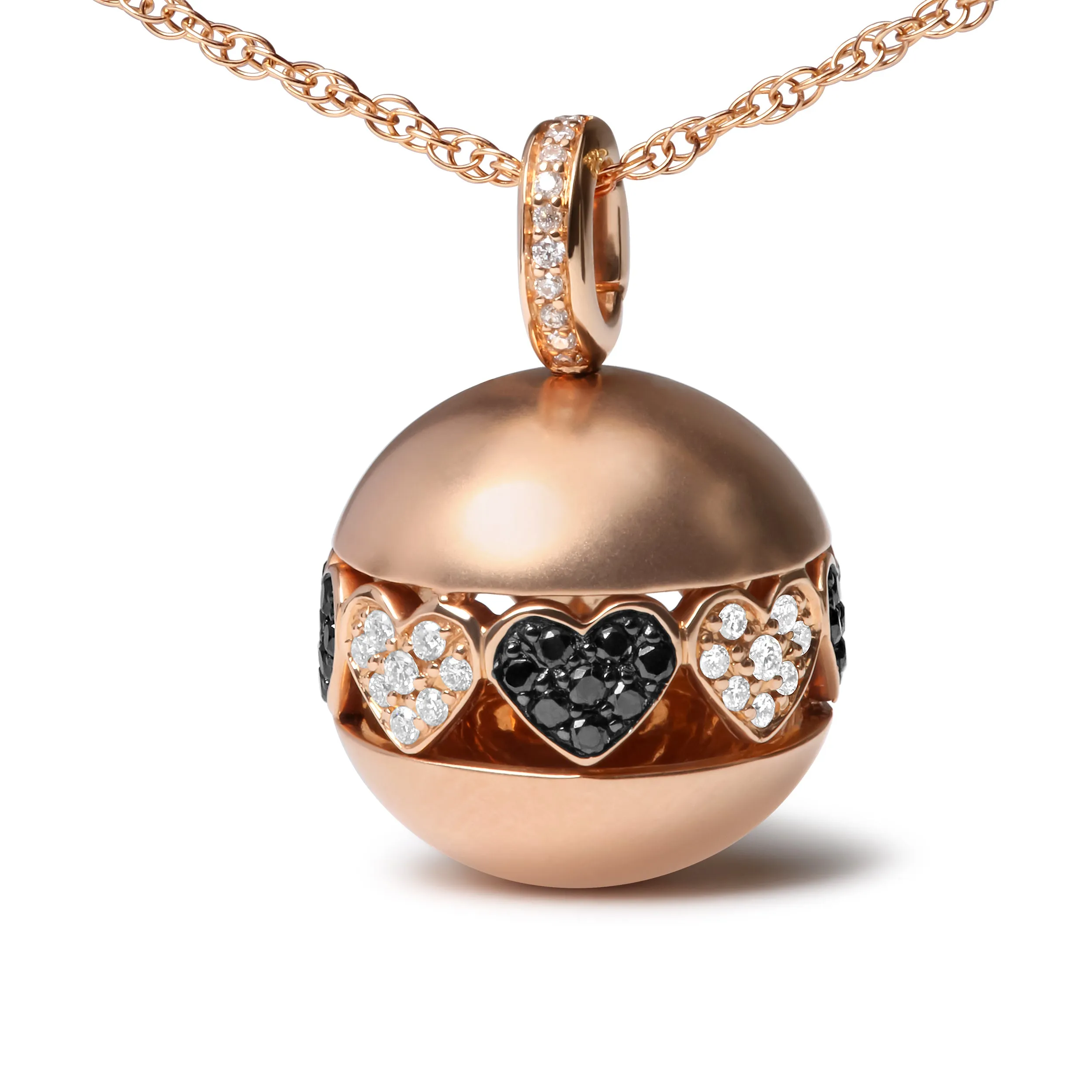 18K Rose Gold 3/8 Cttw Black and White Diamond Ball with Filigree Heart and Cluster Design 18" Pendant Necklace