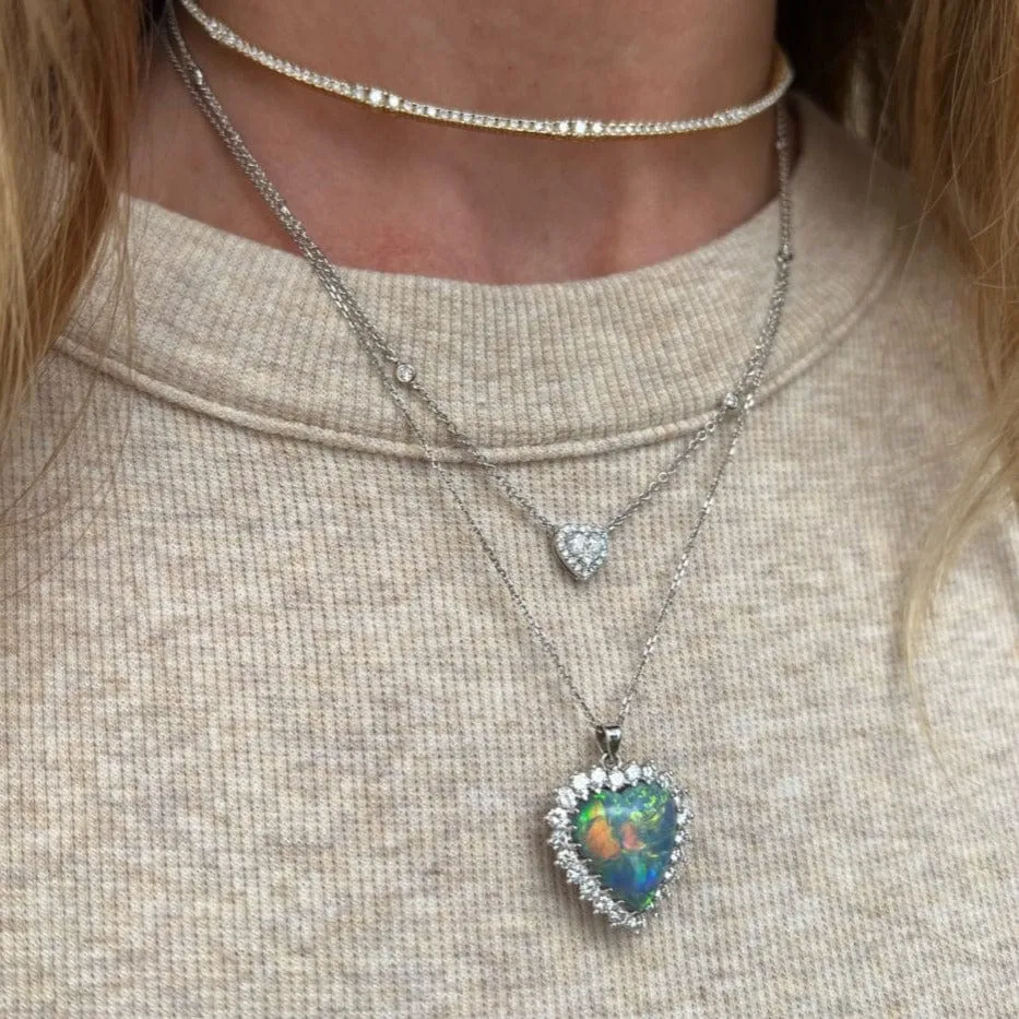 18K White Gold Estate Black Opal and Diamond Heart Pendant