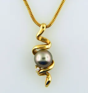 18K Yellow Gold, Black Tahitian Pearl and Diamond Pendant