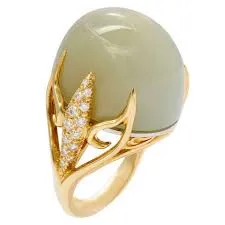 18K Yellow Gold Henry Dunay Green Moonstone And Diamond Ring
