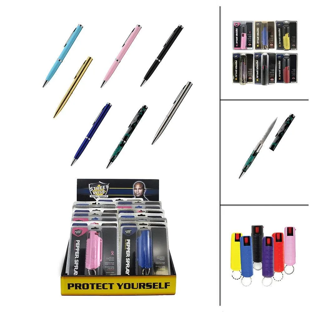 26 Units Pen Knives with Serrated Blade and Pepper Spray Bundle
