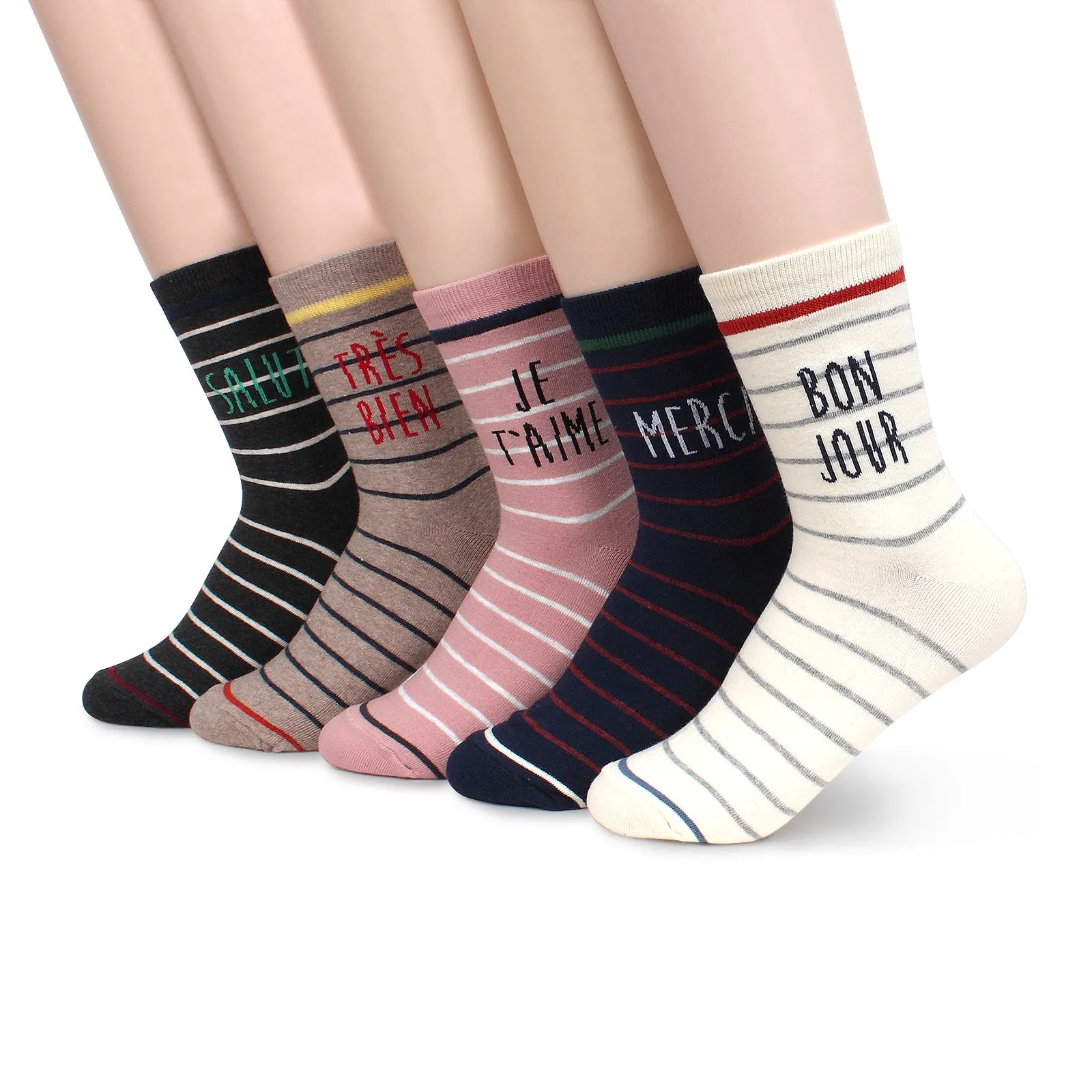 (5 Pairs) Bonjour French Fashion Casual Cotton merci Socks