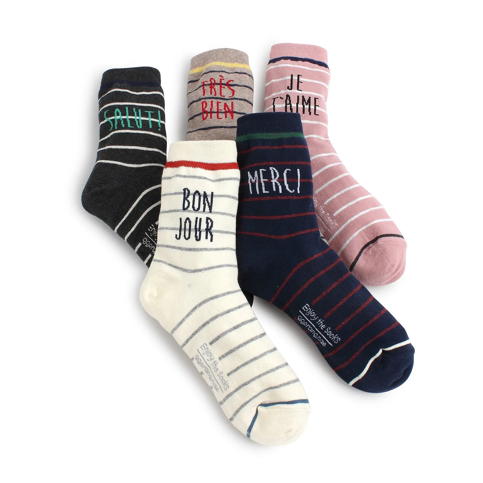 (5 Pairs) Bonjour French Fashion Casual Cotton merci Socks