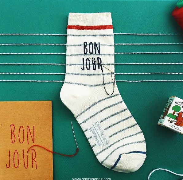 (5 Pairs) Bonjour French Fashion Casual Cotton merci Socks