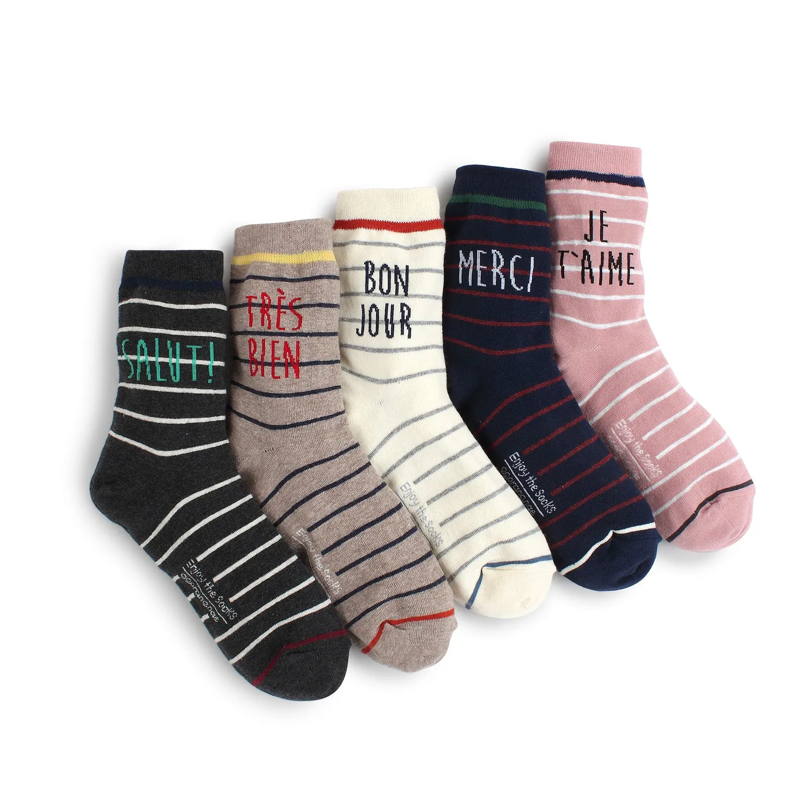 (5 Pairs) Bonjour French Fashion Casual Cotton merci Socks