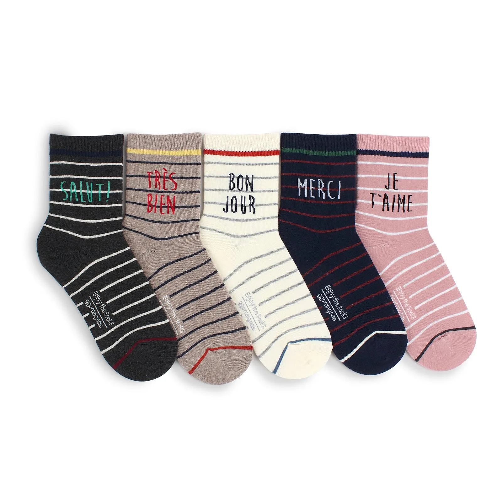 (5 Pairs) Bonjour French Fashion Casual Cotton merci Socks