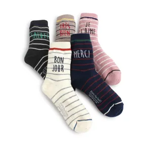 (5 Pairs) Bonjour French Fashion Casual Cotton merci Socks