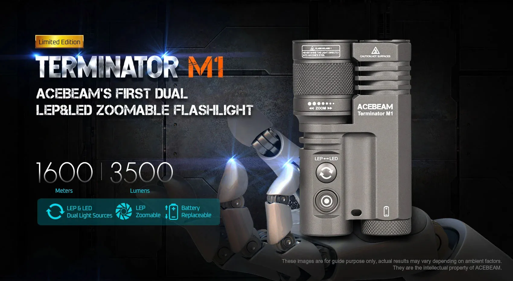Acebeam Terminator M1 Dual Head 3500 Lumen LEP/LED Flashlight 1*21700 USB-C Rechargeable Battery Included - GREEN