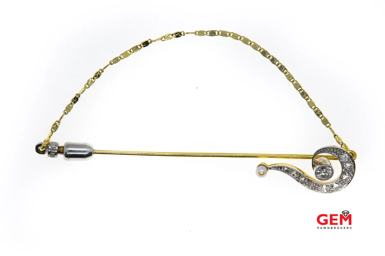 Antique Victorian Old Mine Cut Seed Pearl 18K Yellow Gold Platinum Stick Pin Lapel Brooch