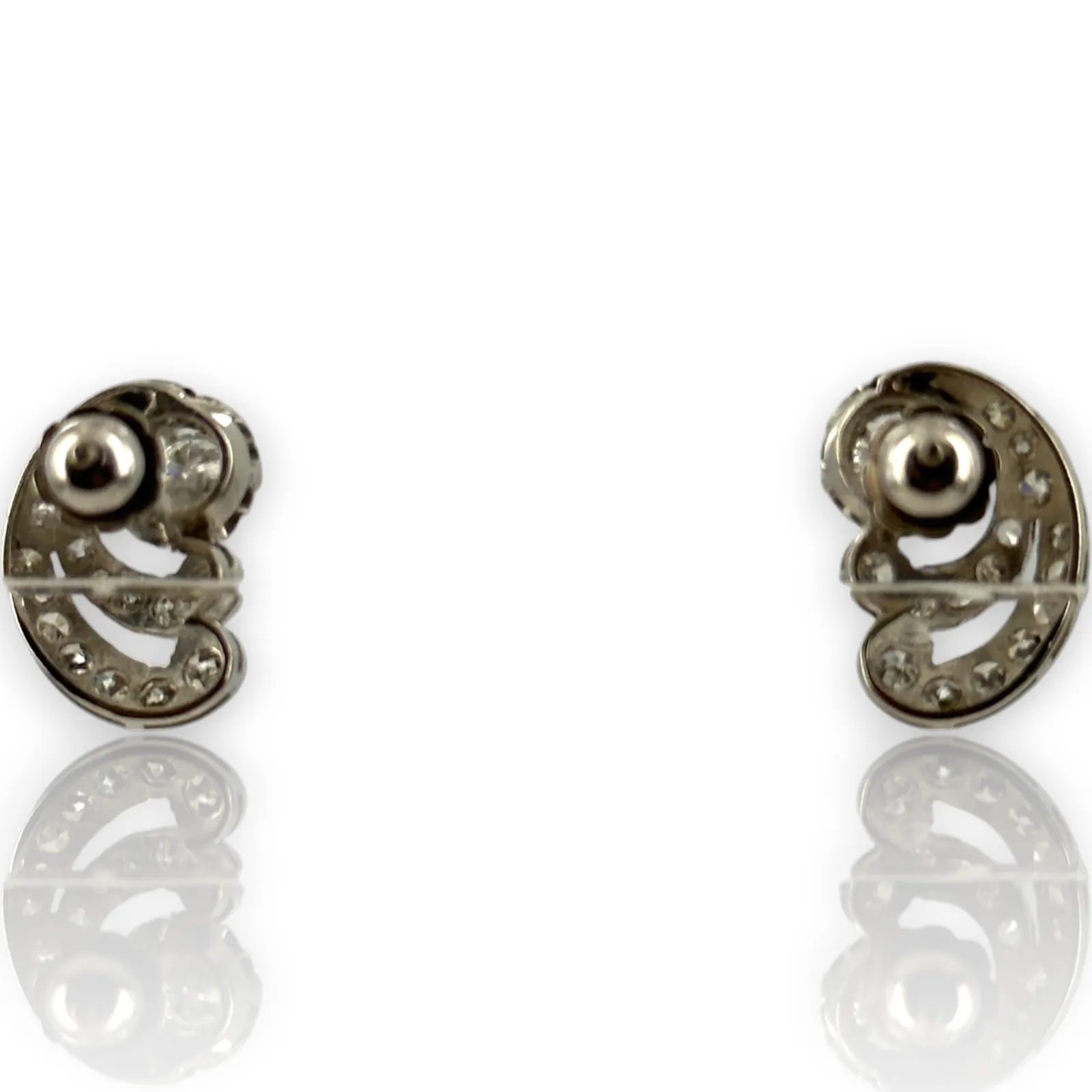 Antique Vintage 14KT 585 White Gold Diamond Scroll Motif Stud Earrings