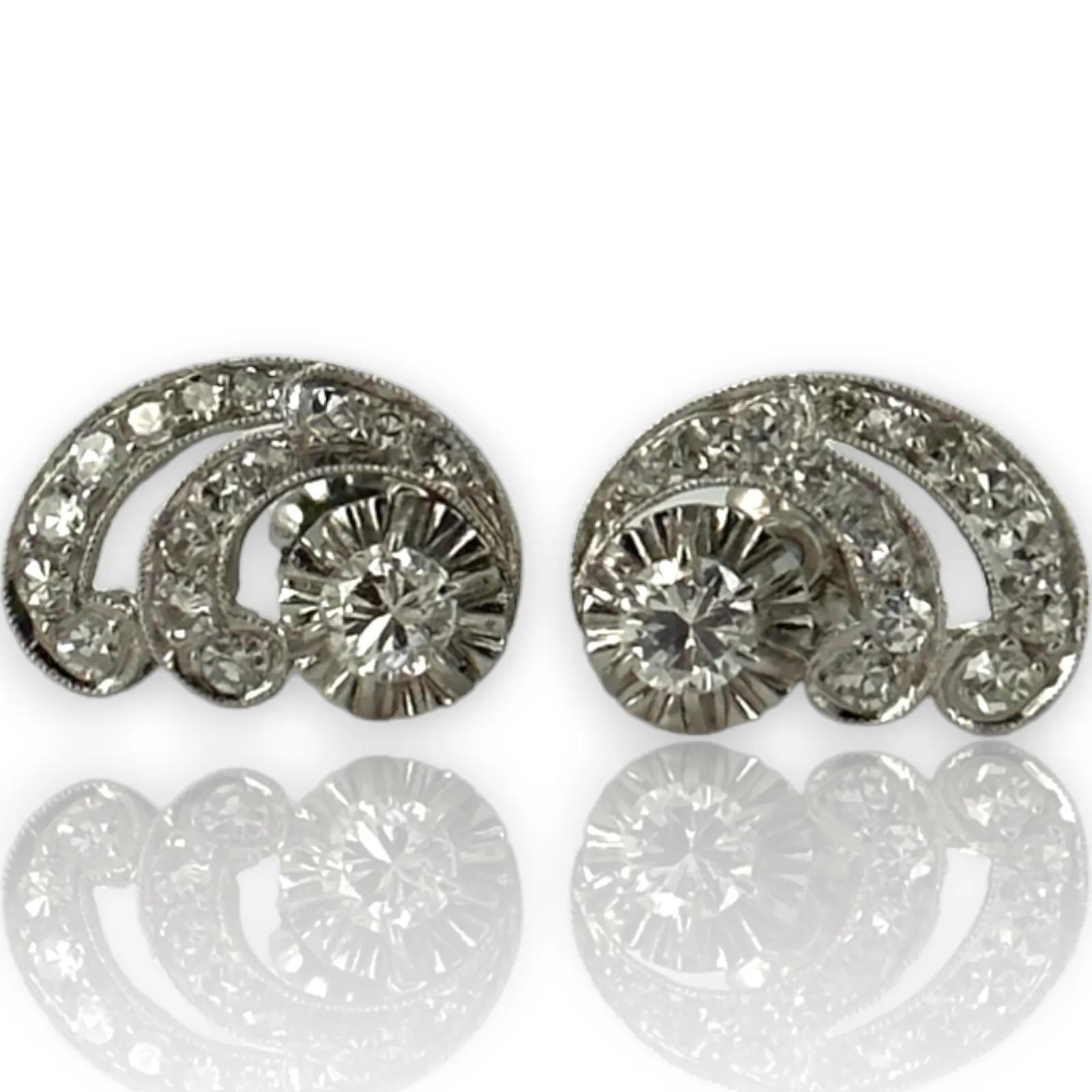 Antique Vintage 14KT 585 White Gold Diamond Scroll Motif Stud Earrings