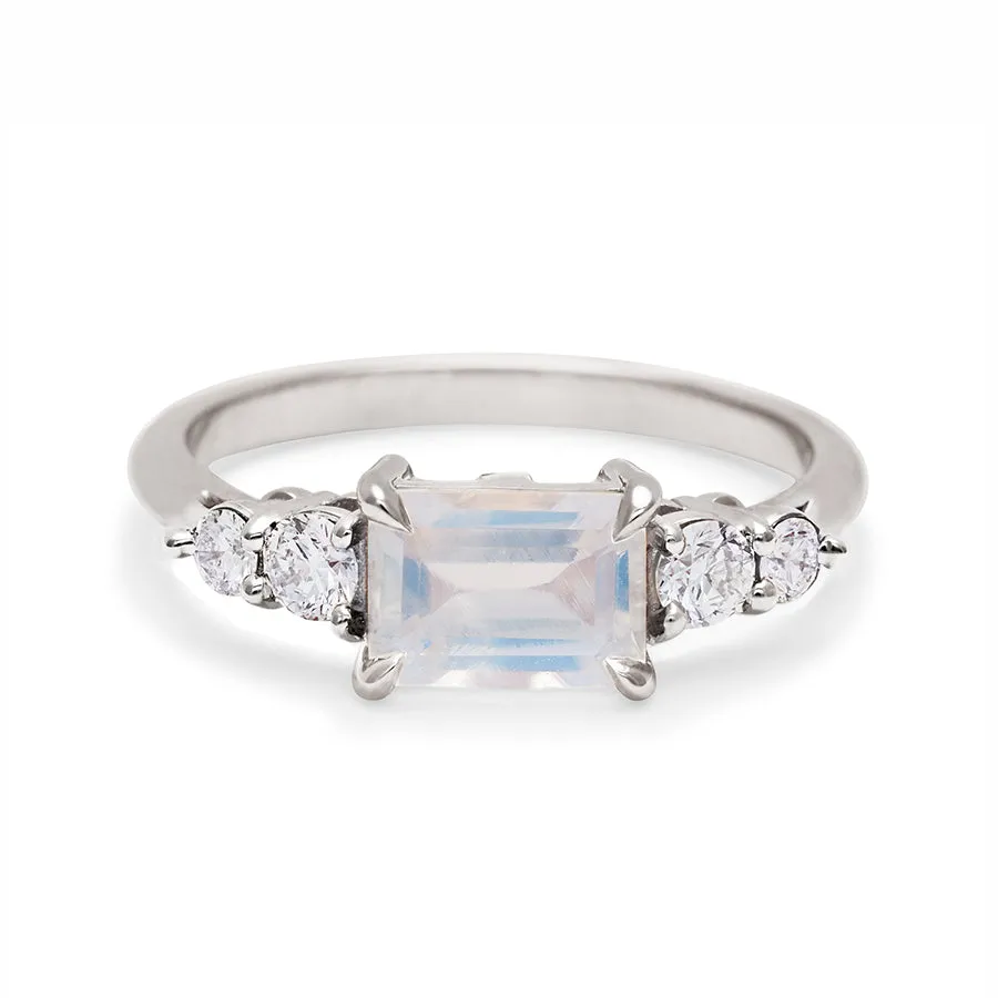 Bea Five Stone Ring - 14k Gold, Rainbow Moonstone (7x5mm) & Diamonds