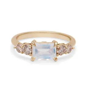 Bea Five Stone Ring - 14k Gold, Rainbow Moonstone (7x5mm) & Diamonds