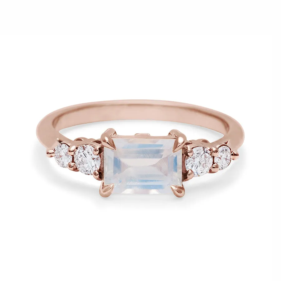 Bea Five Stone Ring - 14k Gold, Rainbow Moonstone (7x5mm) & Diamonds