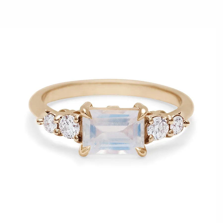 Bea Five Stone Ring - 14k Gold, Rainbow Moonstone (7x5mm) & Diamonds