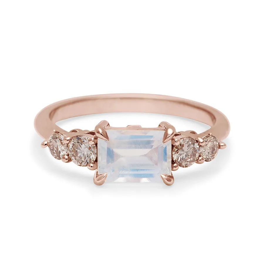 Bea Five Stone Ring - 14k Gold, Rainbow Moonstone (7x5mm) & Diamonds