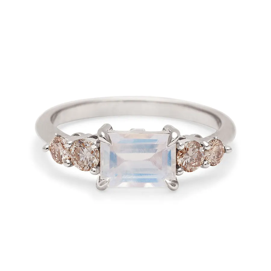 Bea Five Stone Ring - 14k Gold, Rainbow Moonstone (7x5mm) & Diamonds
