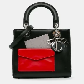 Black Calfskin Leather Medium Pockets Lady Tote Bag