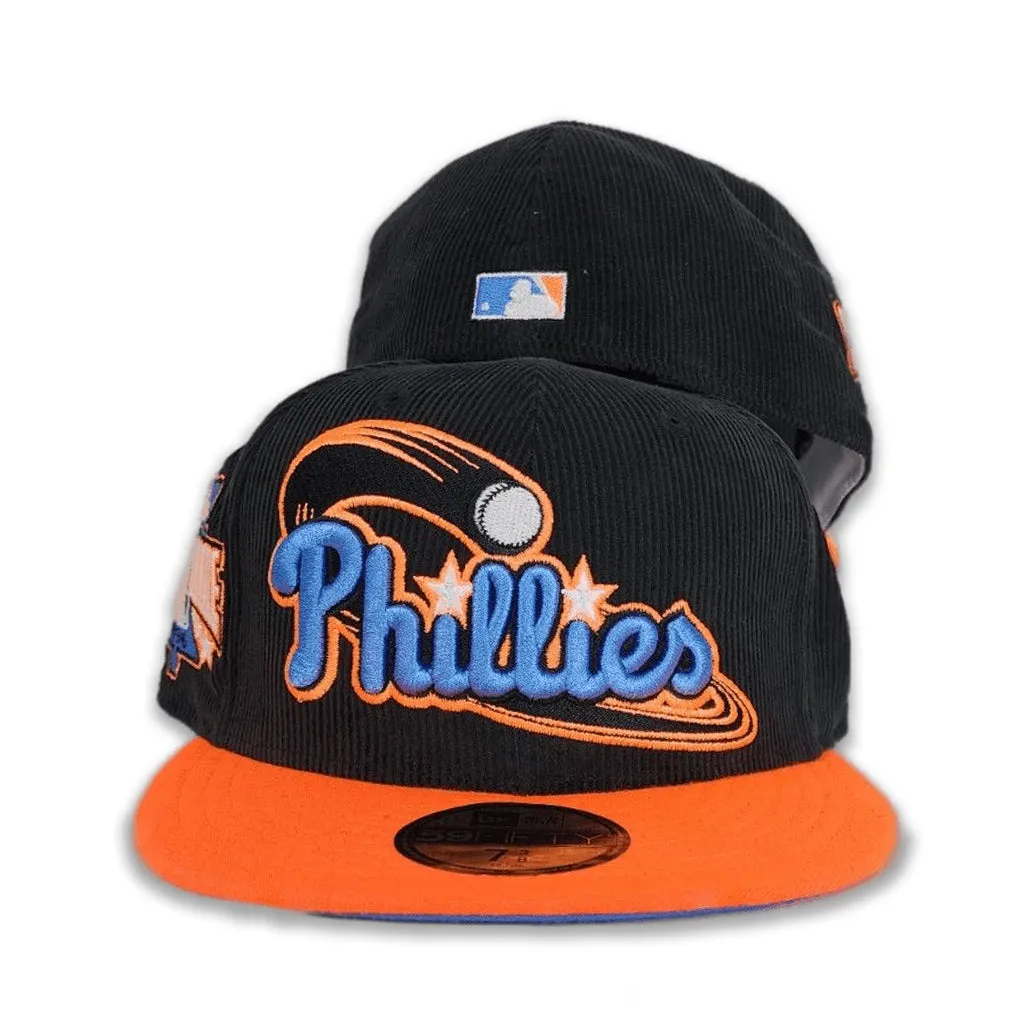 Black Corduroy Glow In the Dark Philadelphia Phillies Orange Visor Sea Blue Bottom 1996 All Star Game Side Patch New Era 59Fifty Fitted