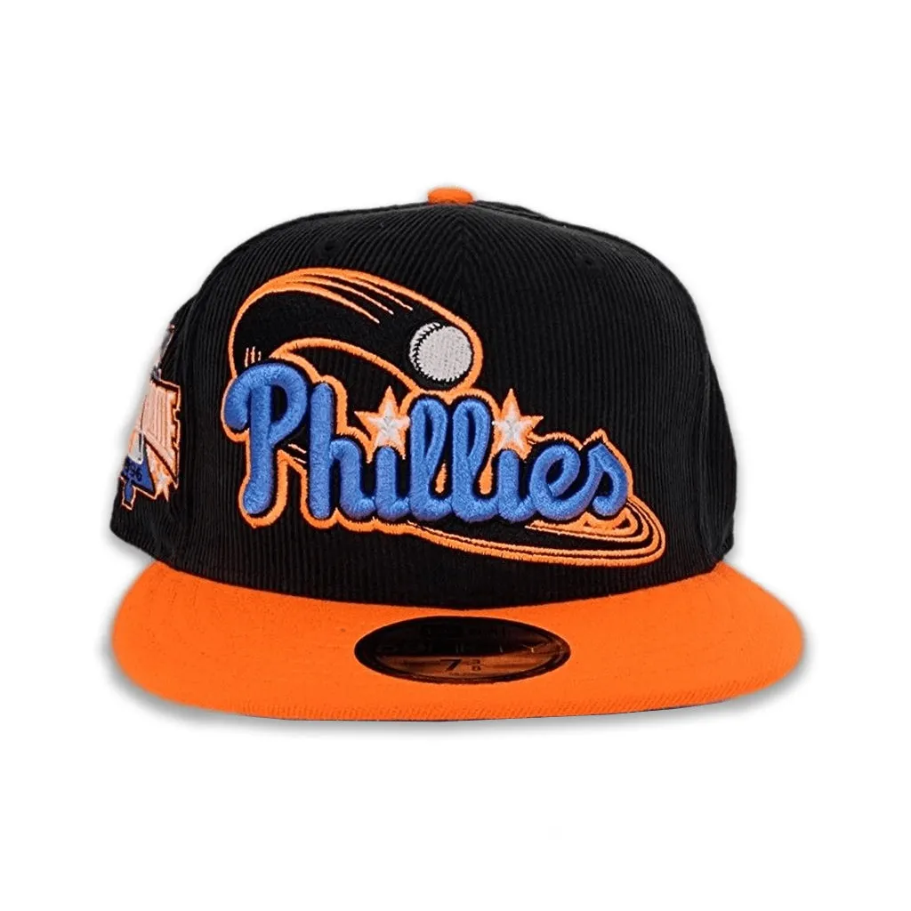 Black Corduroy Glow In the Dark Philadelphia Phillies Orange Visor Sea Blue Bottom 1996 All Star Game Side Patch New Era 59Fifty Fitted